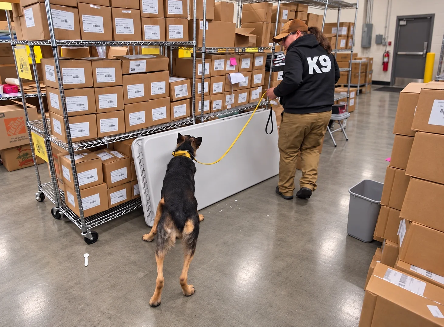 K9 handler and detection dog searching a warehouse
