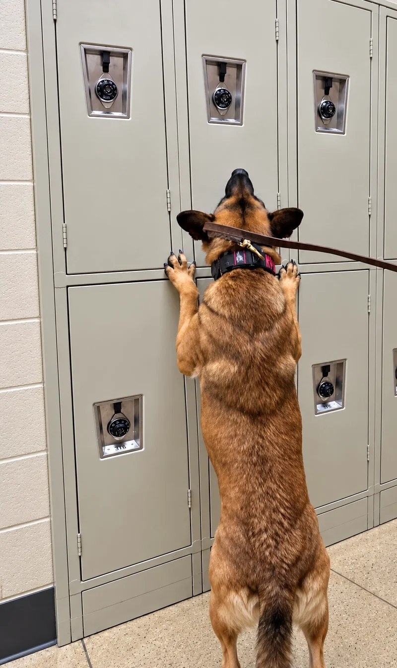 Narcotics detection dog searching school lockers