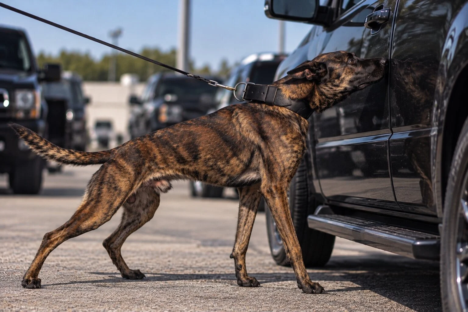 Firearm detection dog screening a vehicle door